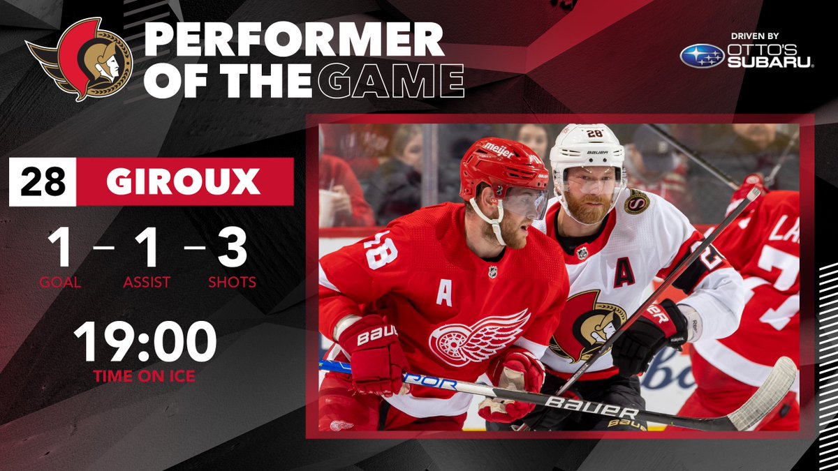 Senators's tweet image. Claude Giroux had 3 shots, 1 assist, was 60% on face-offs and had the game winner to earn the @ottos_subaru Performer of The Game honours!

#GoSensGo | @28CGiroux