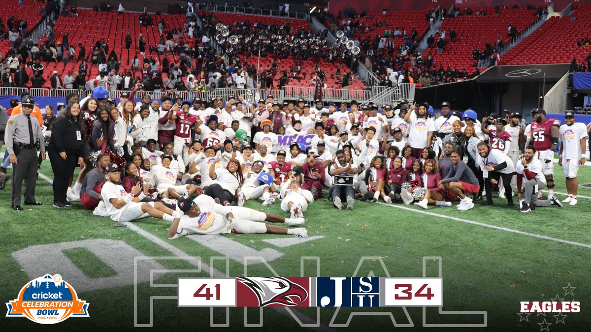 NCCU Athletics (@nccuathletics) on Twitter photo NATIONAL CHAMPIONS! North Carolina Central University defeats Jackson State 41-34 in overtime to win the Cricket Celebration Bowl and claim the HBCU national title.
EAGLE PRIDE!!!!!!!
<a href="/CelebrationBowl/">Cricket Celebration Bowl</a> <a href="/NCCU_Football/">NC CENTRAL FB | π¦
ππ¦
</a> <a href="/MEACSports/">Mid-Eastern Athletic Conference</a> #NCCUCB22 NATIONAL CHAMPIONS! North Carolina Central University defeats Jackson State 41-34 in overtime to win the Cricket Celebration Bowl and claim the HBCU national title.
EAGLE PRIDE!!!!!!!
<a href="/CelebrationBowl/">Cricket Celebration Bowl</a> <a href="/NCCU_Football/">NC CENTRAL FB | π¦
ππ¦
</a> <a href="/MEACSports/">Mid-Eastern Athletic Conference</a> #NCCUCB22