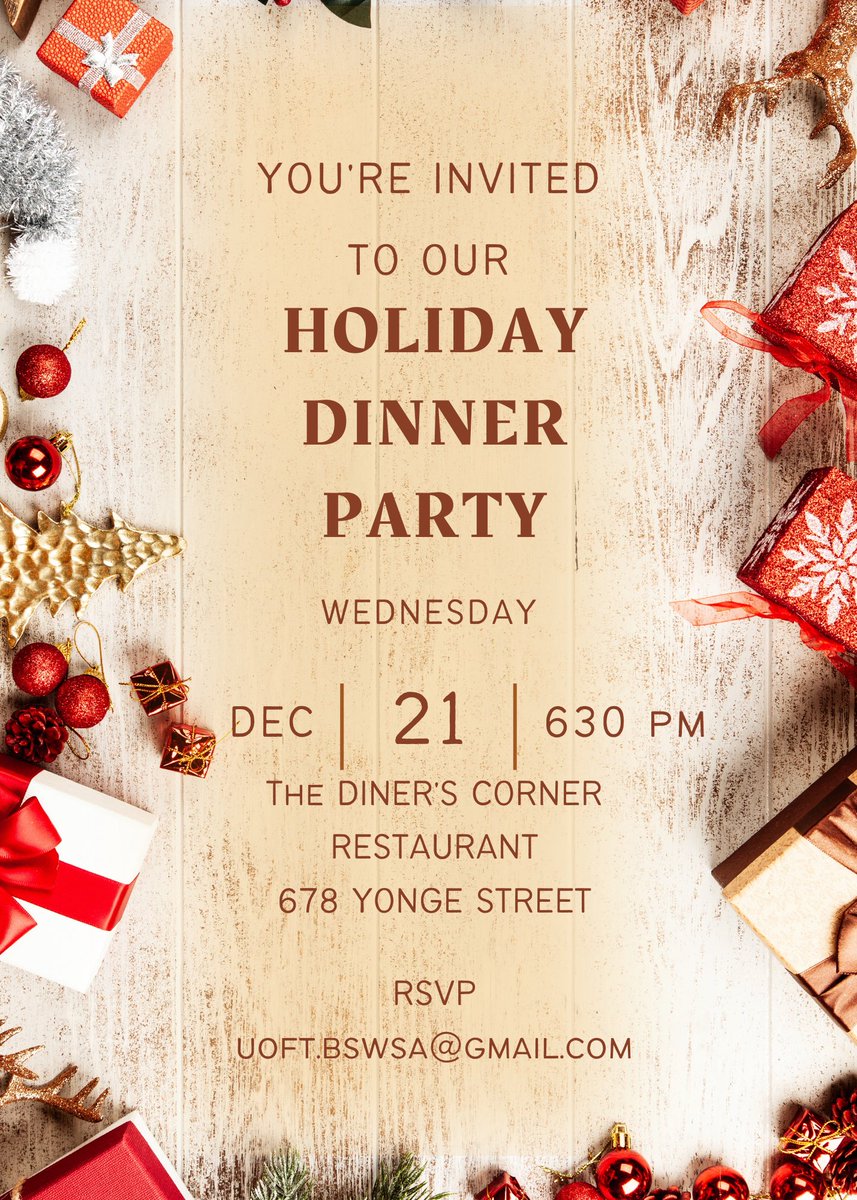 Congrats on making it through the academic semester! To celebrate, please join us on Wednesday, Dec 21 at 06:30 pm for our end of semester holiday celebration! We hope to see you there!