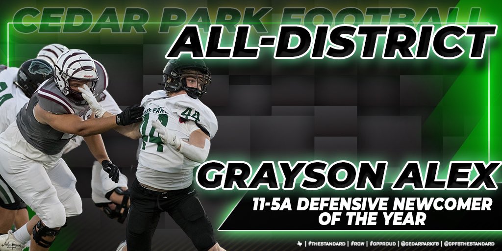 Coach Q (@coachqcpproud) on Twitter photo Congratulations to the 11-5A Defensive Newcomer of the Year Grayson Alex! #OneStandard #CPProud <a href="/CedarParkFB/">Cedar Park Football Booster Club</a> Congratulations to the 11-5A Defensive Newcomer of the Year Grayson Alex! #OneStandard #CPProud <a href="/CedarParkFB/">Cedar Park Football Booster Club</a>
