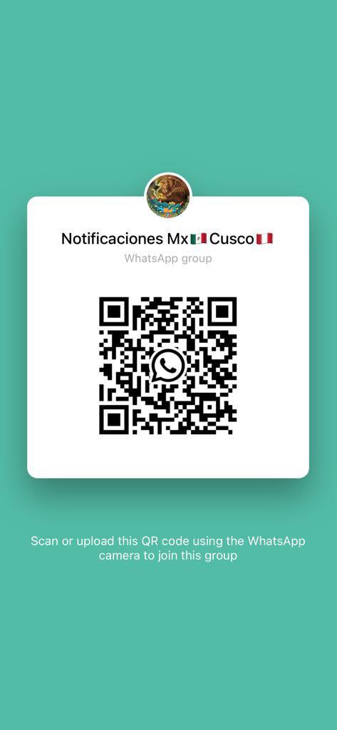 pmonroyconesa's tweet photo. 🚨 Mexicanas/os 🇲🇽 en #Cusco, #MachuPicchu, #AguasCalientes, #Pisaq, #ValleSagrado y zonas aledañas:

Si no tienes vuelo confirmado a Lima antes del martes 20dic, ponte en contacto con nosotros al +51 987 569 404 o únete al chat con el QR 👇🏽 para darte opciones.

RT 🔁 https://t.co/8RuVL9zbYw