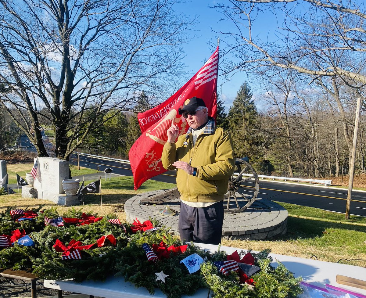 FSSP47's tweet image. Addressing Wreaths Across America sponsors today as 756 Christmas wreaths were placed on veteran graves in Morris Township earlier today.