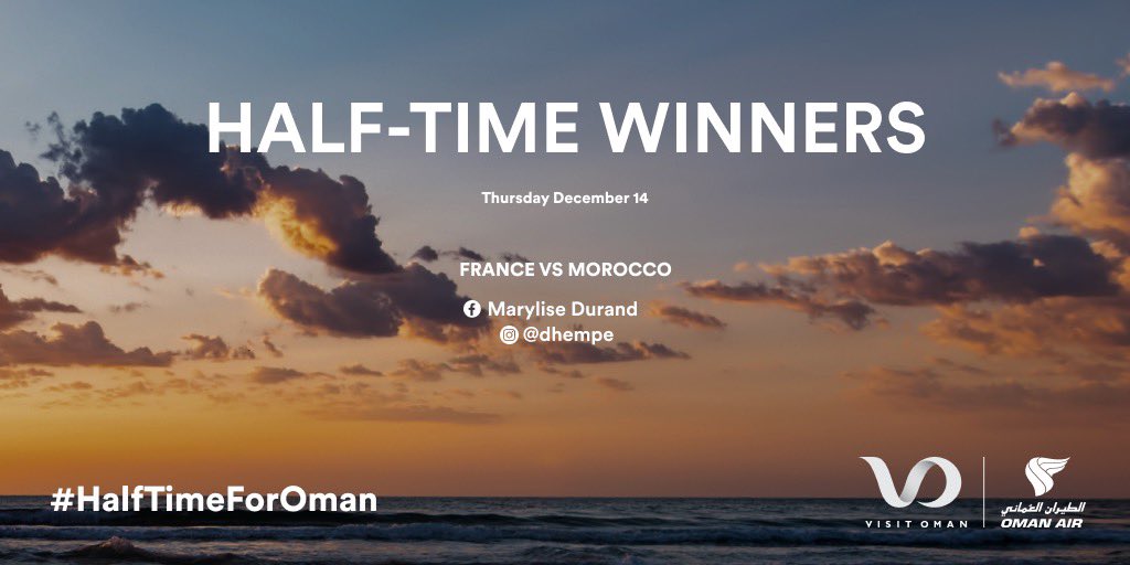 visitoman_vo's tweet photo. Congratulations to the France vs Morocco semi-final half-time winnersโฆ ๐๐ด๐ฒ
Could you be next?
Our final competition is now open! Visit our pinned tweet to enter!
#HalfTimeForOman https://t.co/6pNNeRXte4