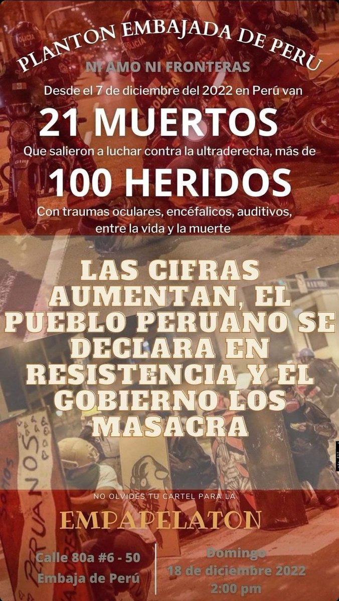 latribuinforma1's tweet photo. 📢 #ATENCIÓN 
movimientos sociales convocan plantón pacífico frente a la embajada de #Perú en colombia, como muestra de apoyo con el pueblo peruano que en estos momentos busca una constituyente  en medio de violentas represiones  rt #sos  #support #perú #Bogotá 📡⚠️ https://t.co/CHWOQyD4FI