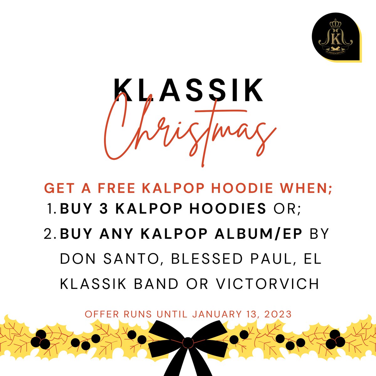 KlassikNationHQ's tweet photo. #KlassikChristmas is here & is awesome! We have #KalpopHoodies to give away when you either;
- Buy 3 Kalpop Hoodies or,
- Buy Album/EP by @KINGDONSANTO, @TheBlessedPaul, @ElKlassikBand or @ItsVictorvich
#KlassikNation #Tujengane #KlassikStyles #KlassikTrinity #Solfest2022 https://t.co/j255EUzny3
