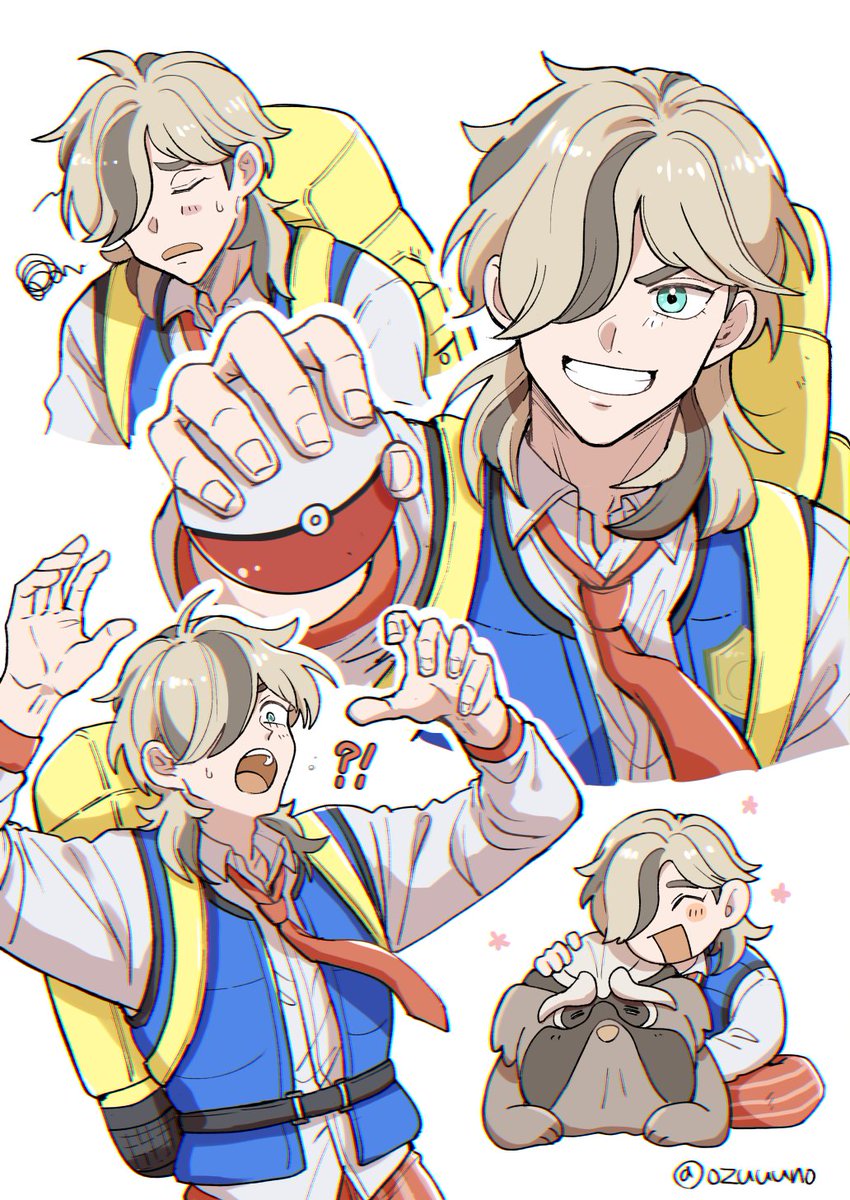 1boy holding pokemon (creature) school uniform smile necktie male focus  illustration images
