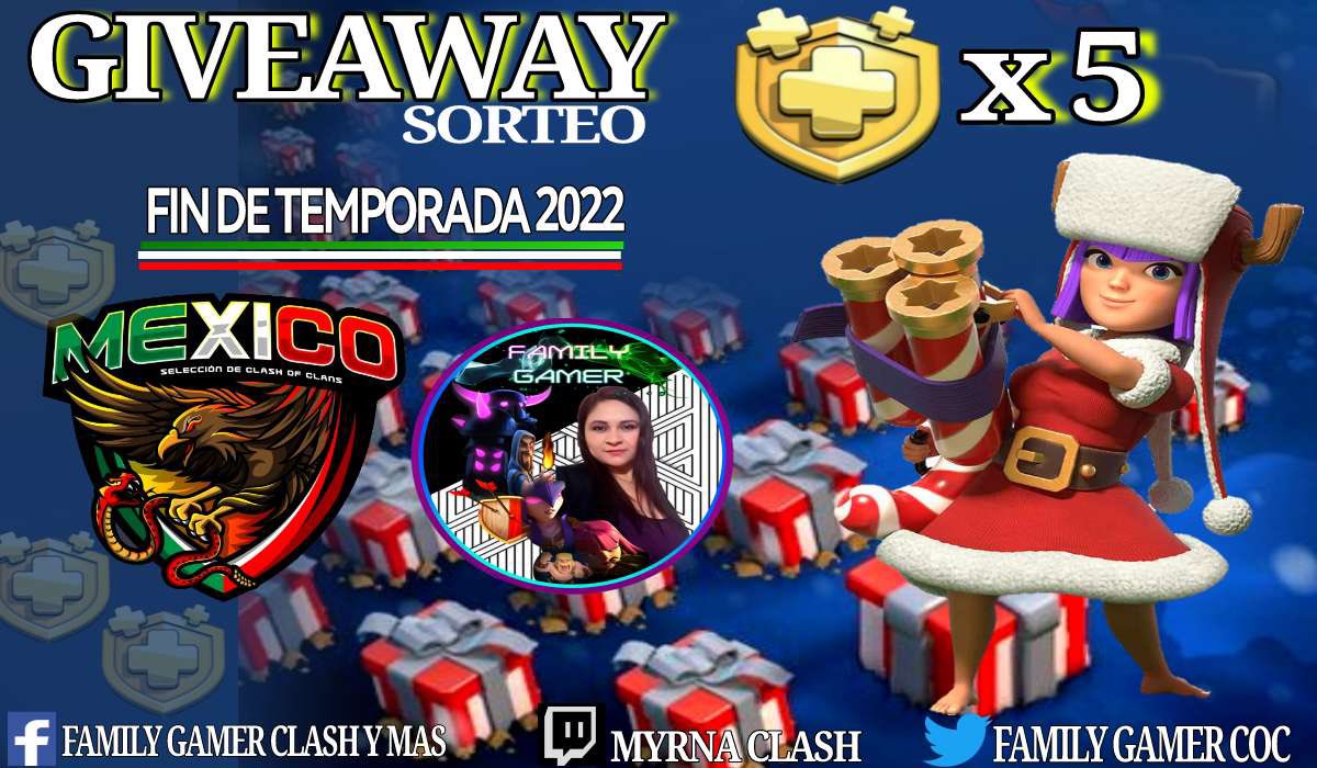 🎁 NUEVO SORTEO de 5 PASES DE ORO 🎁 SÍGUENOS ESTE DOMINGO 7 pm Mx por:

Twitch
twitch.tv/myrnaclash
Facebook 
facebook.com/profile.php?id…

REQUISITOS:
✅ Dar RT
✅ Seguir en twitter 
@MexicoCWC
@FamilyGamerCoc
✅Sube tu captura y etiqueta 2 amigos