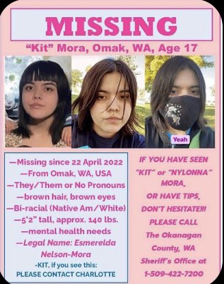 UsaMmiw's tweet photo. 🛑MISSING🛑
KIT / NYLONNA MORA

Missing from OMAK, WA since April 22, 2022
They/them pronouns
Height: 5’2
Weight: 150
Investigating Agency: The Okanagan County Sheriffs Office 1-509-422-7200

#mmiw #mmiwusa #mmiwg #NativeTwitter #missingindigenouschildren #washington #mmiwusa2022 https://t.co/xHBhMhq1y6