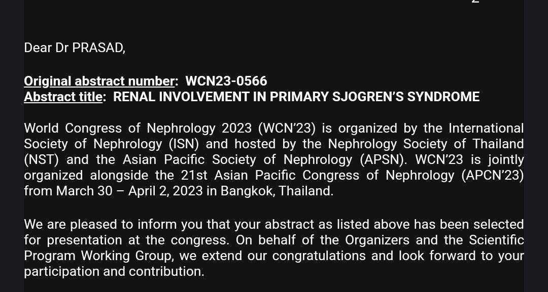 DrPallaviPrasad's tweet photo. Happy to share that our abstract got accepted for presentation at #ISNWCN 2023 at Bangkok, Thailand! @SahilBagai @scienthia 

Looking forward to tons of knowledge, good food and travel!🤩 https://t.co/co6rSo0rQS