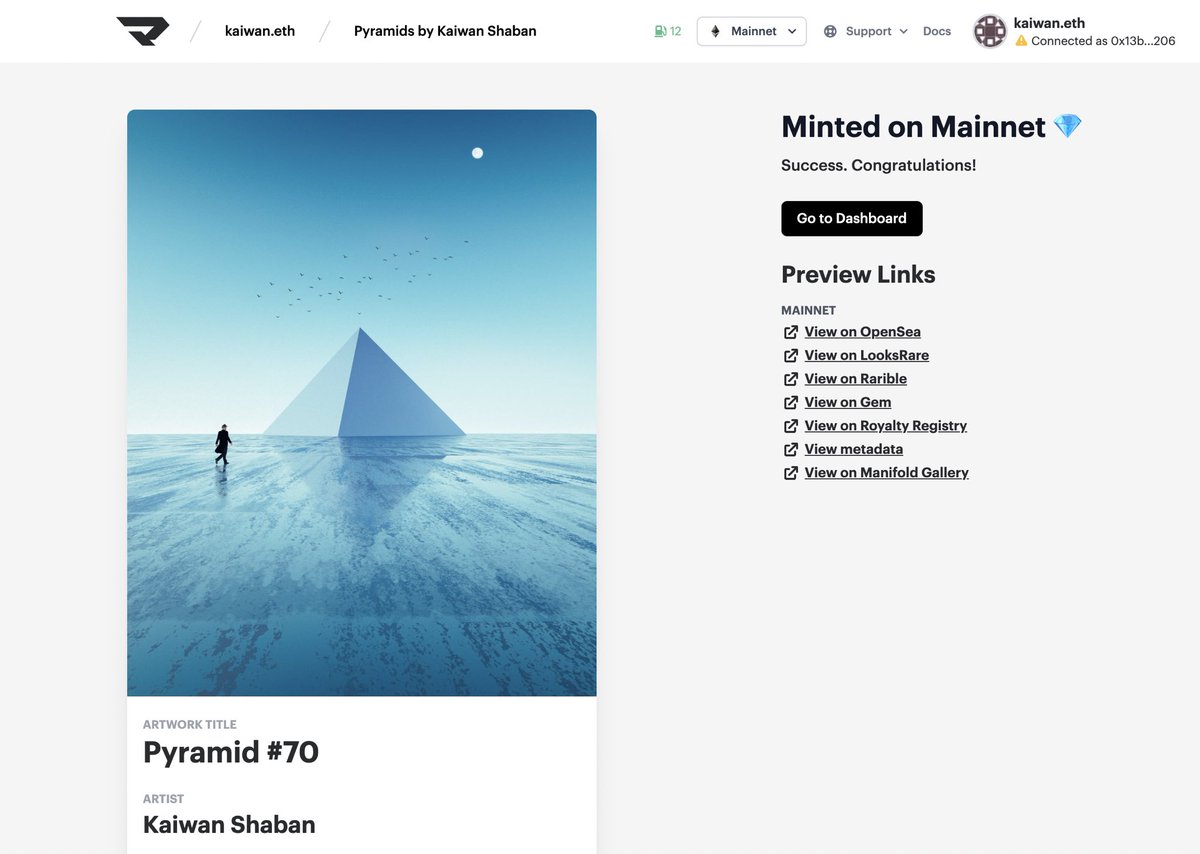 itskaiwan's tweet image. 5:22 AM here, Re-minting/airdropping the last 30 pyramids via Manifold.

I’ll forever hate OpenSea for making me going through this but grateful that I finally own the keys of my NFTs.
