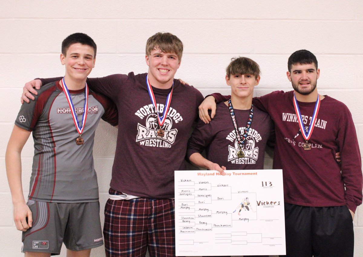 Congratulations to medalists from Nortbordge Wrestling at Wayland tournament. Anthony Vickers 1st. Nick Byrne 3rd.  Noah Tetrault 5th
 Matt Dudley 6th.@NorthbridgeAD
