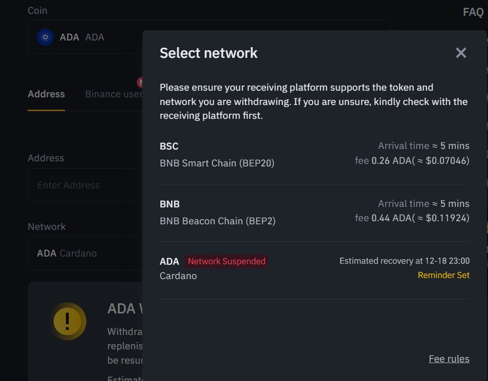 Binance has suspended #ADA #CardanoADA withdrawal, so has another tier2 CEX that I used.. these guys are possibly running A FRACTIONAL RESERVE to game #Crypto #Cardano , the tide is still going out...should be interesting!!!
