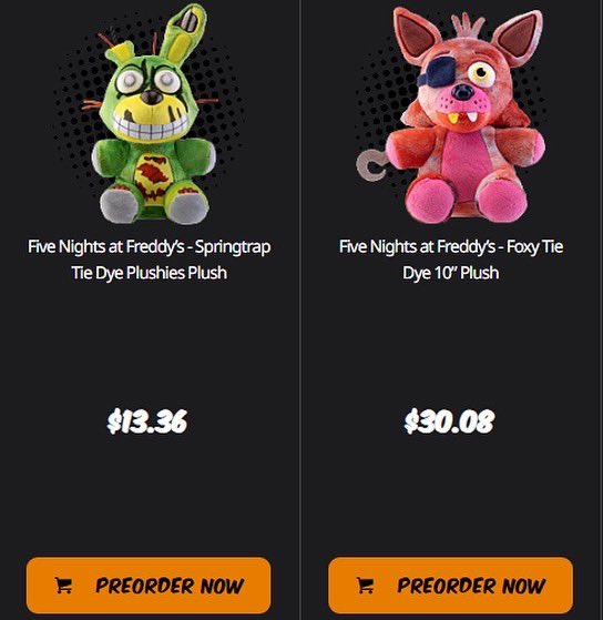 RattyCheeze's tweet photo. The springcolor jumbo exclusives are listed on popcultcha, priced at $40 + shipping, and ship during February. Also tie dye springtrap plush is listed on there for $13.36 + shipping, and ship during January! #fnafmerch #funko #popcultcha #funkofnaf https://t.co/xj4mwwxbk7