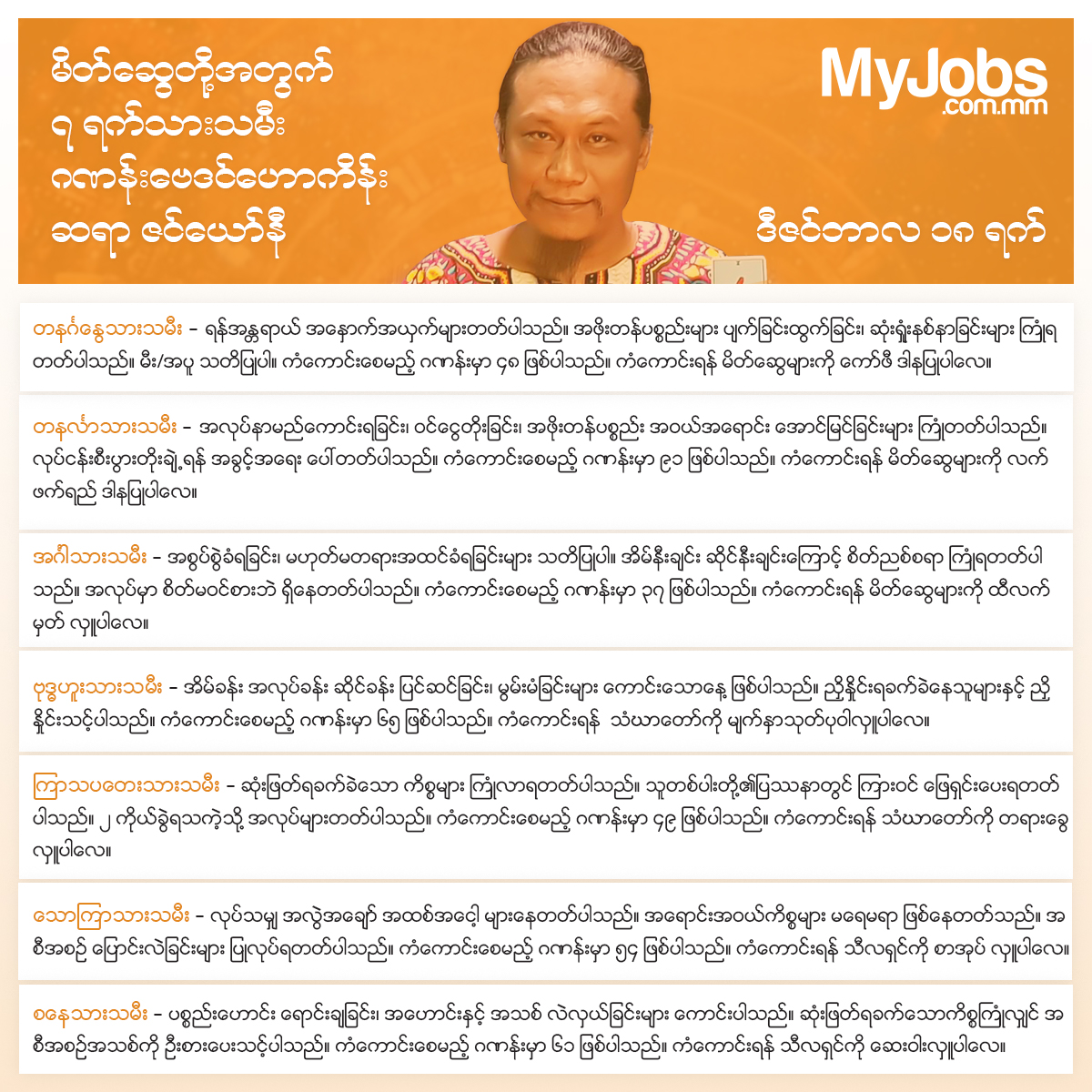 MyJobsMyanmar's tweet photo. ၂၀၂၂ ခုနှစ် ဒီဇင်ဘာလ ၁၈ ရက်နေ့အတွက် ဆရာဇင်ယော်နီဟောကြားထားသော ၇ ရက်သားသမီးများရဲ့ ဆောင်ရန်၊ရှောင်ရန် နှင့် ကံကောင်းခြင်းအတွက် အဆောင်ယတြာများကို MyJobs မှ မိတ်ဆွေတို့အတွက်ဖော်ပြပေးလိုက်ပါတယ်။ https://t.co/TDjMSDUYSs