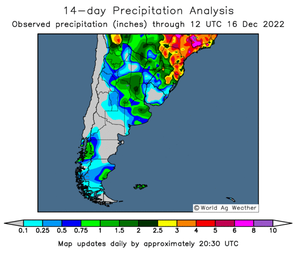 grainedge's tweet image. Arg corn progress is at 63% vs 68 5yr avg... beans 62% vs 70 avg. Not very behind... and 14d rainfall is good + forecast for this week is for an inch. Temps have been 5-7 degrees &amp;gt; normal for last month, yes, but situation should be looking up with recent/fcst improvements imo