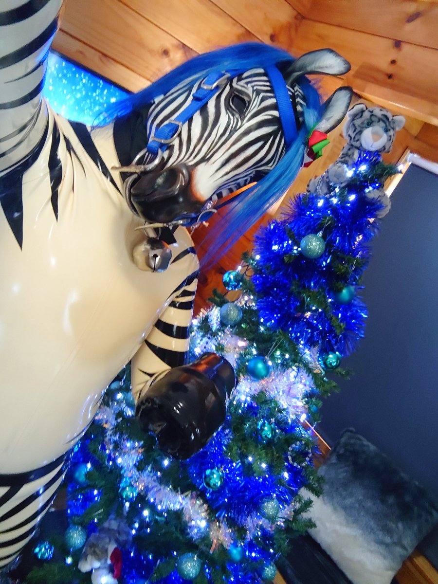 SnowSpottycats's tweet photo. Stripy shiny Zebra boy Zukari hasn't been out &amp; about for a while now..

..so he decided to pop out, check out the shiny sparkly Christmas tree &amp; say "Merry Christmas"~

🐴 mask: @gefangener2
Latex ✨: @VivishineLatex

#RubberPony #HumanPony #PonyPlay #Ponyboy #ZebraBoy https://t.co/0xl6jxN7QR