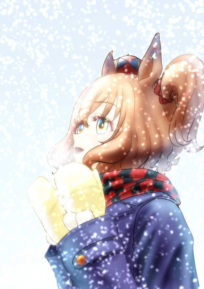 1girl solo animal ears horse ears scarf mittens coat  illustration images