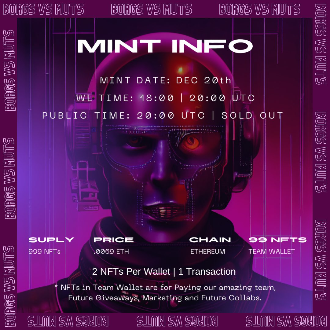 Hello Humans .. 

Here Are The Mint Details for Borgs vs Muts .. Enjoy ‼️

Welcome To The Future !!!

Notis on 🔔