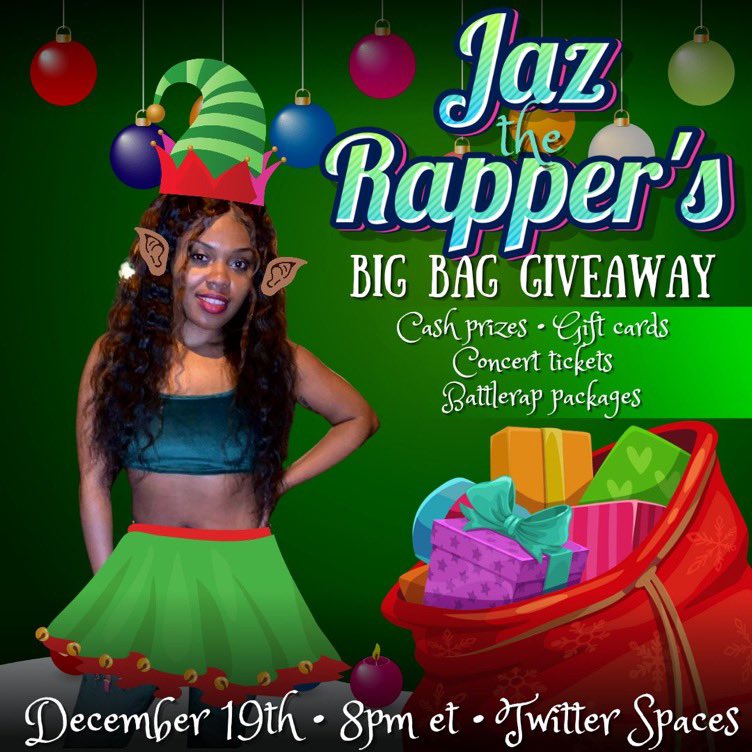 JazTheRapper's tweet photo. Jaz Christmas Giveaway 🎄 🎁

$1000, gift cards , etc … 

going down LIVE on Twitter Spaces 12/19 8PM EST ❗️

If u rap , there will be $1000 competition! Email jaztherapper@icloud.com for details 🗣️ https://t.co/Ryu5R6Mwrq