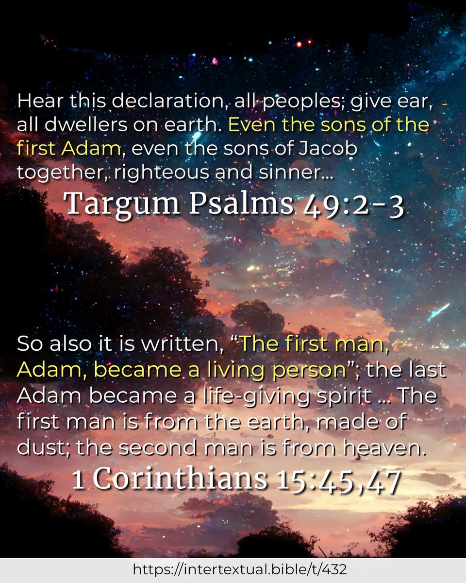 intertextbible's tweet photo. "The first man, Adam, became a living person" ... does Paul's use of "first Adam" follow a literary pattern shared by the #Targum to the #Psalms?

https://t.co/QxdFm4ApQ7

#Intertextuality #Targums #NewTestament #Bible https://t.co/KSvDC4PkvL