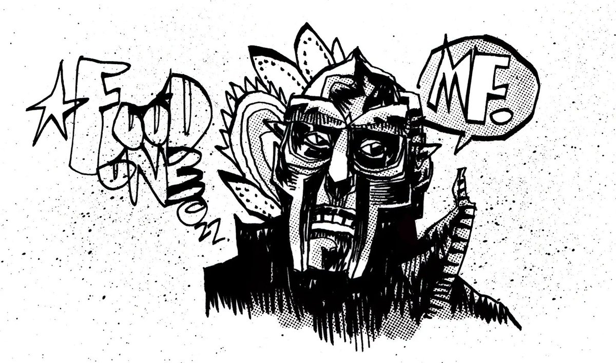 j_em_3's tweet photo. Commissioned a super scribble of @MFDOOM from artist @JimMahfood which is very fitting considering his name is only 1 letter away from Mm... Food. Love how it came out π¦Ύ π€ #DOOMForever https://t.co/k6ybD4BTpi
