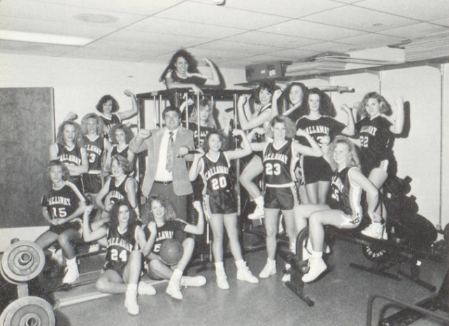 SuitUpVarsity's tweet photo. The 1991 Callaway Bears pose with their 1991 state runner-up trophy and with the school weight equipment. https://t.co/hGbMR52e3b