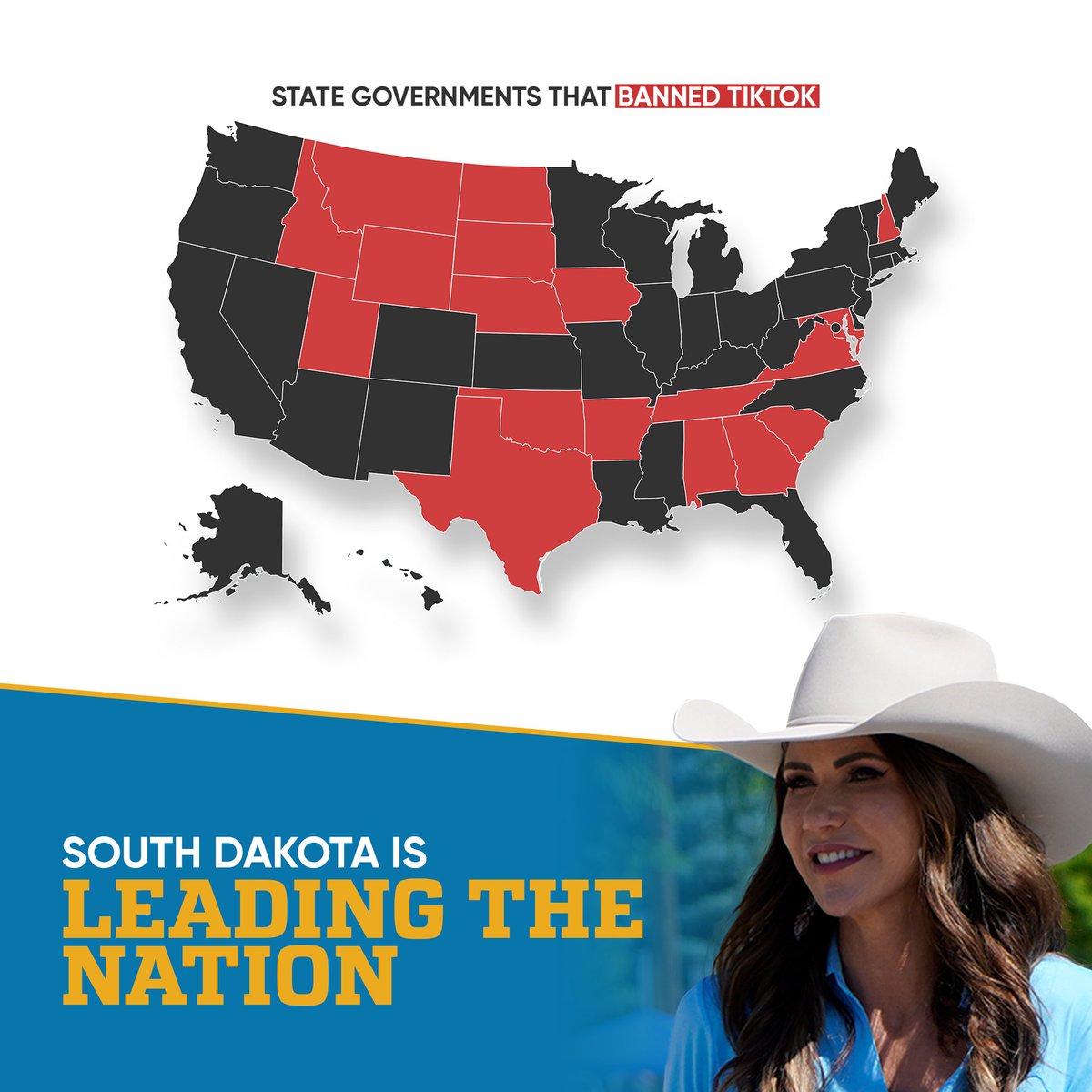 KristiNoem's tweet photo. On November 29th, I signed an executive order banning TikTok from state government devices.

Since then, more than 16 Governors have done the same to protect their citizens’ data from Communist China.

When Biden won’t stand up to the CCP, it’s up to state leaders 💪 https://t.co/Y7y1MFfmeA
