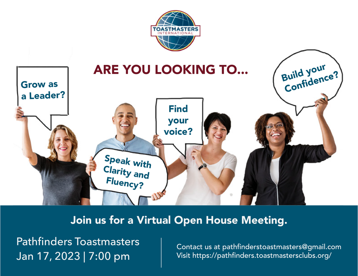 Save the date! Pathfinders' Open House is exactly a month from today, Tues 1/17 at 7pm. 
Learn what it takes to be a great speaker and build your leadership skills at Pathfinders and <a href="/Toastmasters/">Toastmasters</a> <a href="/103DistrictTM/">District 103 Toastmasters</a>. 
Register here:
eventbrite.com/e/pathfinders-…

#Growth 
#leadership