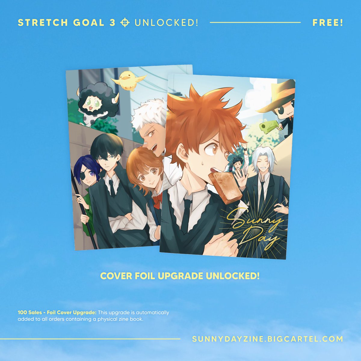 SunnyDayKHR's tweet photo. ☀️ Stretch Goal Unlocked ☀️
↳ 100 Sales — Gold foil upgrade for our cover by @anta_baka00 UNLOCKED!!

All orders with the physical zine will now have gold foil detailing on the cover! Thank you to everyone who has supported us so far, we've reached our LAST STRETCH GOAL! https://t.co/QePjxj8YQG