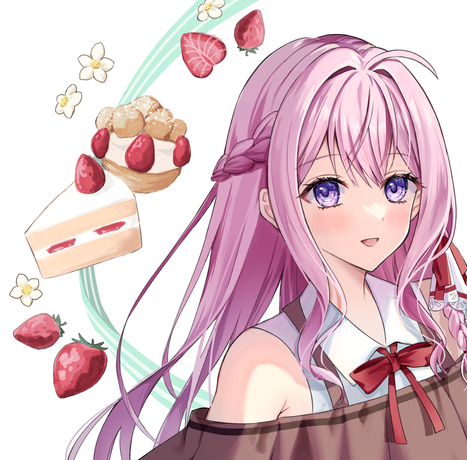 1girl food pink hair solo purple eyes strawberry cake  illustration images