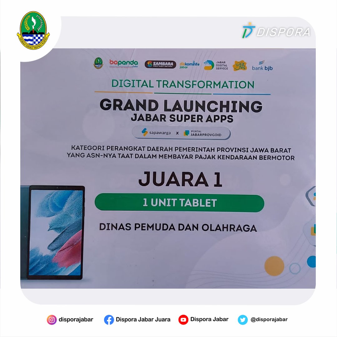 disporajabar's tweet photo. Selamat Siang #baladpora
Kadispora Jabar menerima penghargaan Gubernur Jabar Juara 1 Anugrah Pajak Penghargaan Bermotor (Philothra) kategori Perangkat Daerah Provinsi Jawa Barat.
Terimakasih kepada seluruh wargi Dispora Jabar atas dukungannya.
@ridwankamil @PaUuRuzhanul https://t.co/78JmrgnkUe