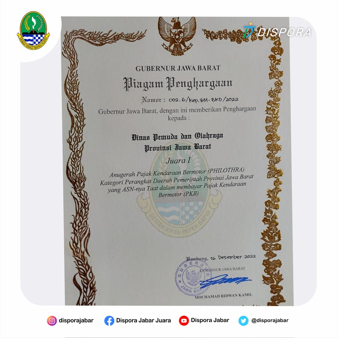 disporajabar's tweet photo. Selamat Siang #baladpora
Kadispora Jabar menerima penghargaan Gubernur Jabar Juara 1 Anugrah Pajak Penghargaan Bermotor (Philothra) kategori Perangkat Daerah Provinsi Jawa Barat.
Terimakasih kepada seluruh wargi Dispora Jabar atas dukungannya.
@ridwankamil @PaUuRuzhanul https://t.co/78JmrgnkUe