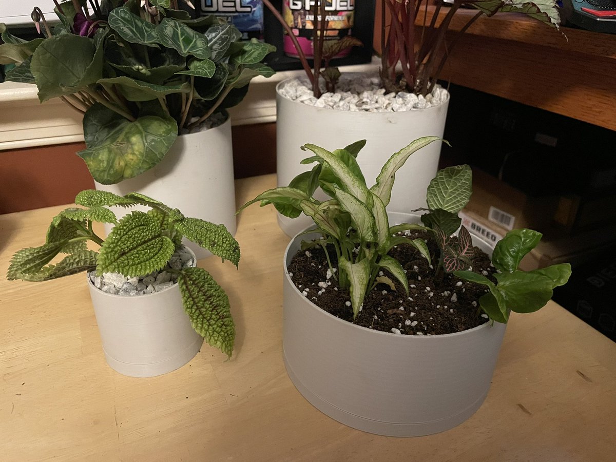 Some may remember i 3d printed platforms so my succulents could live on top of my ac. Well i have finally upgraded to 3d printing my own pots! I printed them in matte filament to look more ceramic like. #3Dprinting