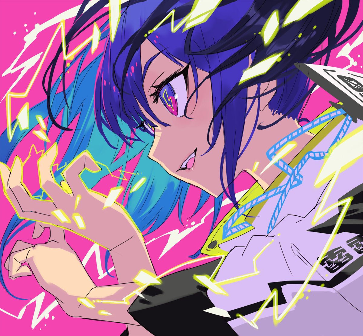 1girl solo electricity blue hair jacket pink background open mouth  illustration images