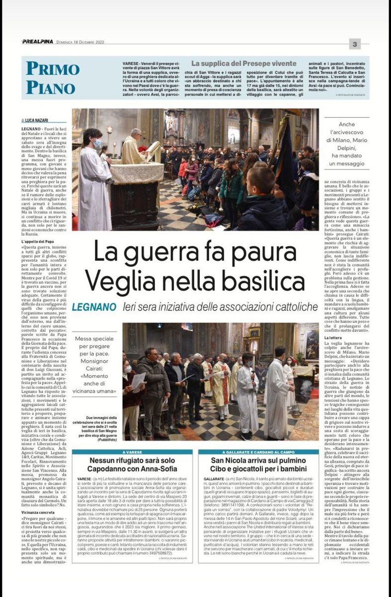 AleCom1968's tweet photo. 📅 #18dicembre
📰 #rassegnastampa
🌇 #Legnano 
Ampio articolo di Luca Nazari @La_Prealpina dedicato alla #SantaMessa per la #Pace🕊️ che, volendo seguire l'invito di @Pontifex_it, ha coinvolto tutte le associazioni cattoliche del territorio.
Con messaggio dell'Arcivescovo #Delpini https://t.co/FWdyqn98Kp