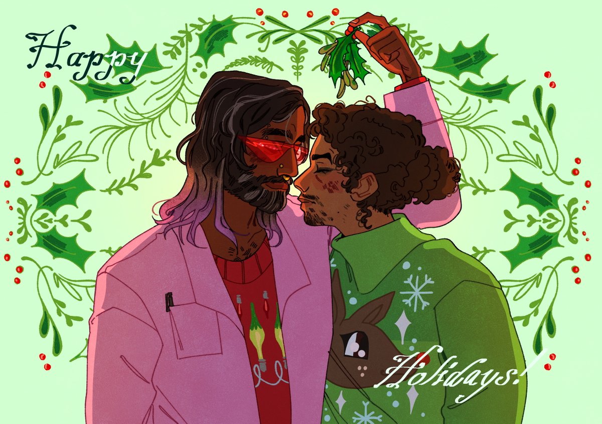 HAPPY HOLIDAYS FROM THE MOON! Here's our 2022 <a href="/MoonbaseThetaOu/">Moonbase Theta, Out🌘💖</a> holiday card, featuring Ashwini and Jaxon, as illustrated by the amazing @grendelmenz! 

Thanks so much for being a part of this adventure with us - may your year be filled with love and mutual support. <3