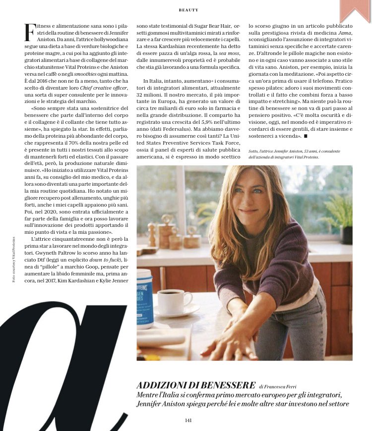 Mentre l’Italia si conferma primo mercato europeo per gli #integratori, Jennifer Aniston spiega perché lei e molte altre star investono nel settore.
L’intervista a Jennifer Aniston su D la Repubblica di questa settimana, un numero speciale dedicato al food! #JenniferAniston