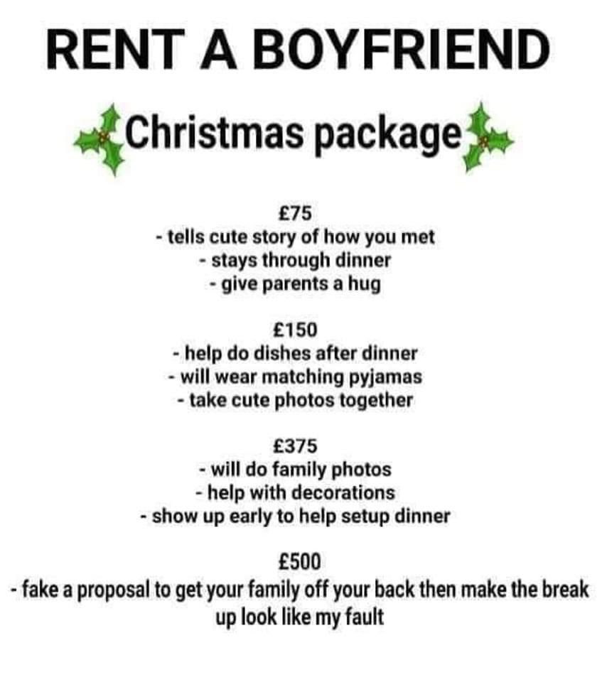 Rent A Boyfriend

This year we have a massive Christmas Special offer for you.

Comment which one of us you’d like this Christmas & DM us for availability.

#christmas 
#christmasoffer 
#christmasspecial