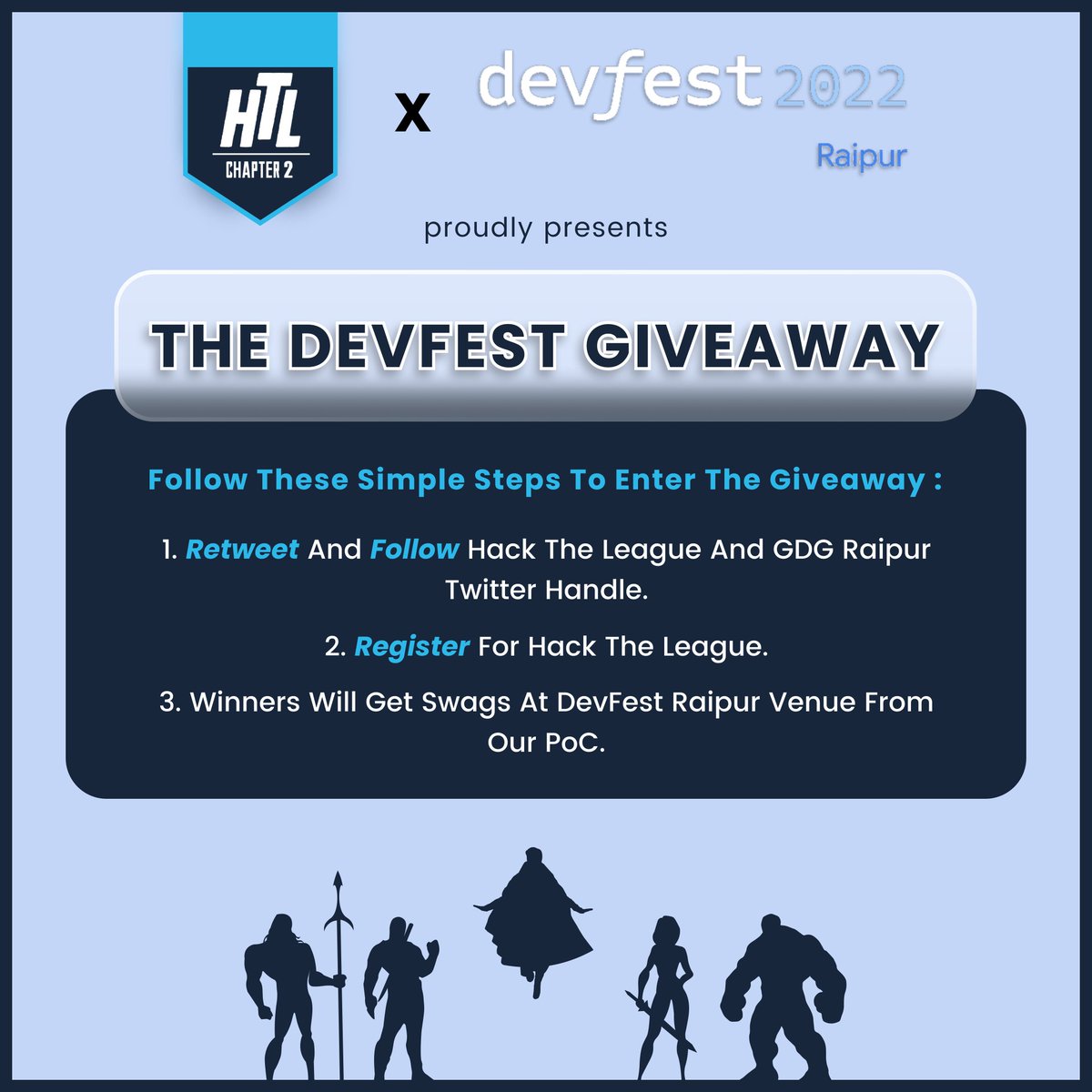 HackTheLeague's tweet photo. DevFest Specials!🚨

We are collaborating with @GDGRaipur to celebrate another DevFest. Get our Cool HTL Swags at DevFest Raipur TODAY from @dheeraj_7_

Follow these steps to win -
1. Rwt &amp; Follow our Twitter and @GDGRaipur Handle.
2. Register for HTL Chapter 2(link in replies⬇️) https://t.co/IEA0Z5xi35