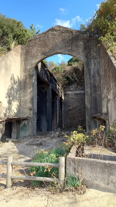 うさぎ島(大久野島)は旧軍の毒ガス研究所を含む要塞で遺跡がところどころにある。砲台の基礎は函館山とか友ヶ島などと共通の仕様がうかがえる。 