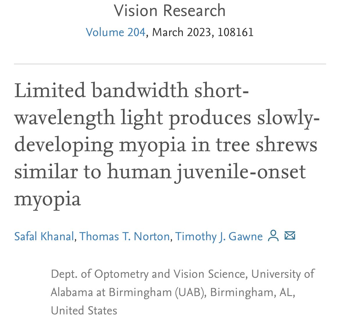 New publication: In this paper, we describe a new animal model of myopia, providing evidence that, unlike contemporary myopia models, myopia produced by limited-bandwidth light closely mimics juvenile-onset slowly progressing myopia in children. sciencedirect.com/science/articl…