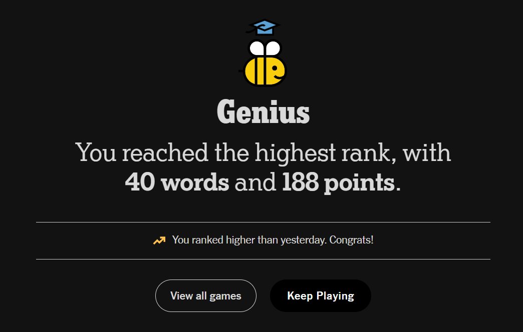 Ragarath98's tweet photo. Day 336, 337 and 338: After spending the whole night working, I completely forgot to get to Genius. Made it up today, along with 10+ hours of sleep
#spellingbee #Nytspellingbee  #nytsb #hivemind https://t.co/NEI1sJTc2b