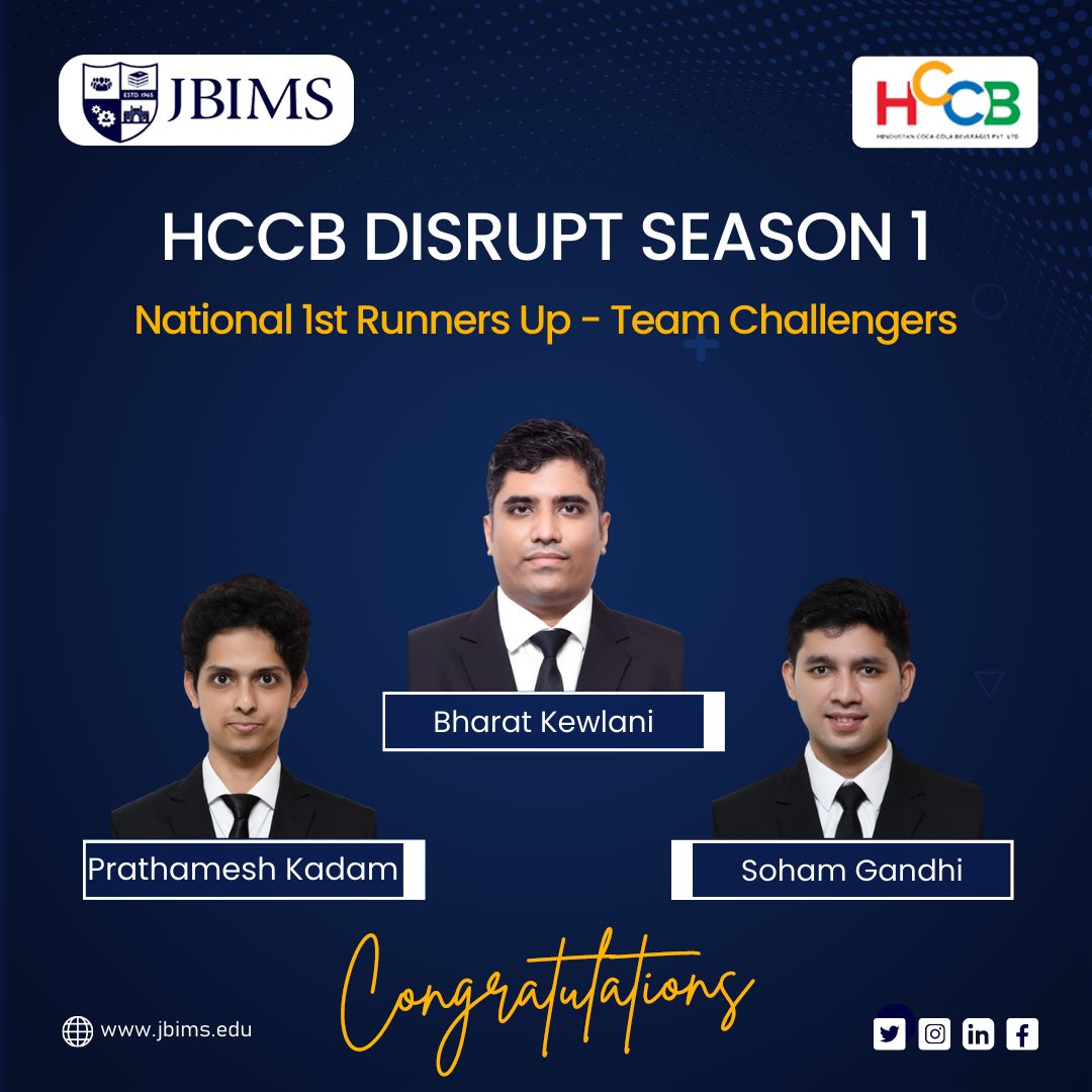 We are delighted to announce that Bharat Kewlani, Prathamesh Kadam, and Soham Gandhi (Team Challengers) from the 2023 Batch of JBIMS have emerged as National 1st Runners Up in HCCB Disrupt Season 1.

#JBIMS #Competition #Bschool #management #hccb #gradpartners