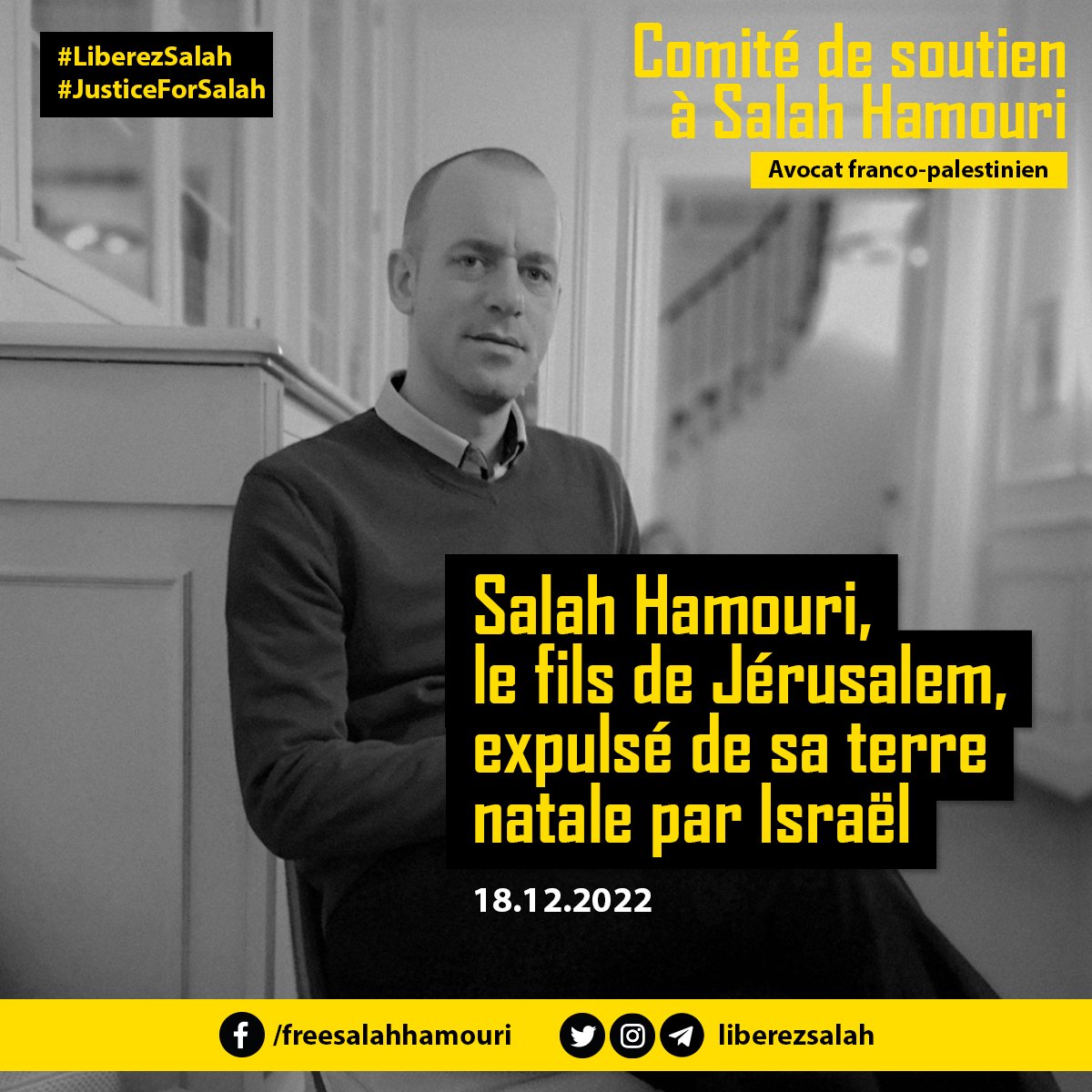 🚨Salah Hamouri, le fils de Jérusalem, expulsé de sa terre natale par Israël.

Communiqué ➡️ bit.ly/deportation-sa…

#LiberezSalah #JusticeForSalah