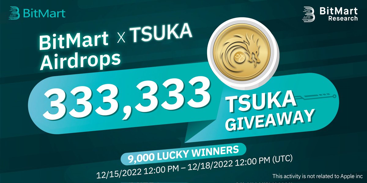 🪂 Airdrop: Bitmart &amp; Tsuka (TSUKA)
💰 Reward: 37 TSUKA
👥 Referral: N/A
🏆 Winners: 9000 Random
📅 End Date: 20 June, 2022
⏳ Distribution Date: 30 December, 2022

☑️ Airdrop Link: x.com/BitMartResearc…