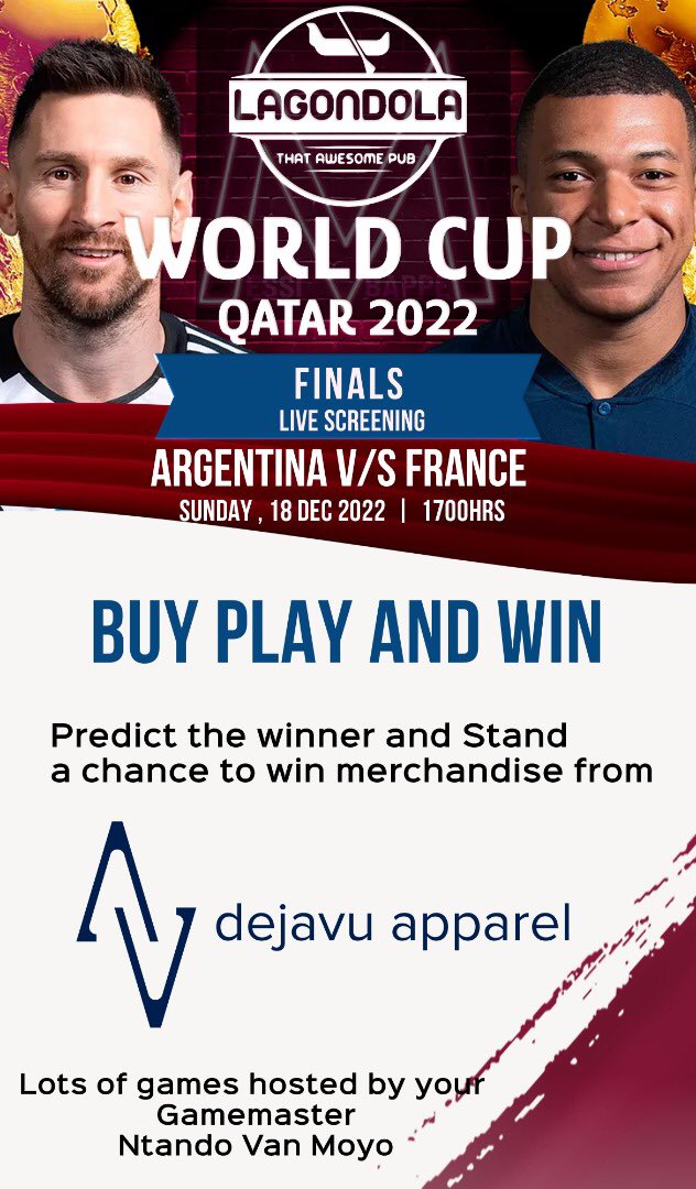 officialallen__'s tweet photo. LaGondola and Dejavu Apparel are partnering to give you nice things this World Cup Final 😄❤️. Please retweet for awareness https://t.co/nfMpYqeUI6
