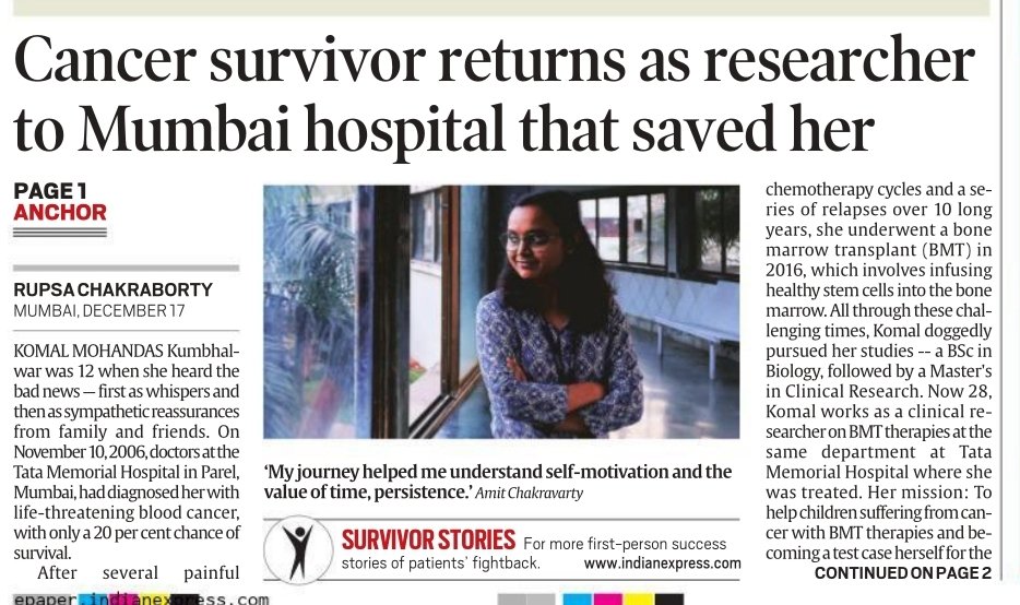 Komal was only 12yr old when she was diagnosed with 4th stage blood cancer in 2006 with 20% survical chance. Now, cut to 2022. She is doing clinical research on cancer with her own treating physicians at @TataMemorial-the hospital that saved her life. indianexpress.com/article/lifest…
