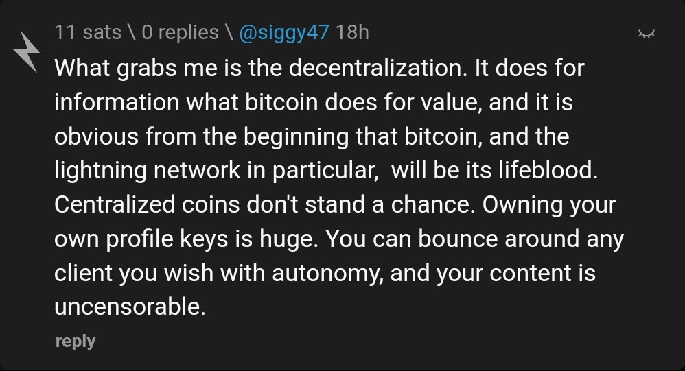 #Nostr does for information what #Bitcoin does for value. -siggy47