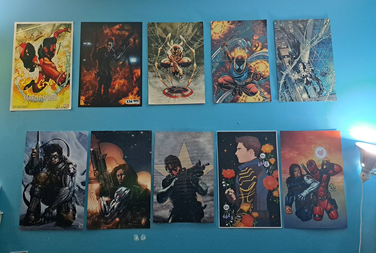 JenInRGB's tweet photo. Finally got them back up. 
(I'm aware they're all crooked but the fan will blow them down in 3.2 hours anyway)

#KaineParker 
#Bonky
#IronSpiderMan #616
#ScarletSpider
#SymbioteSpiderMan (BackinBlack)
#WinterSolder
#WinterBinkBonk
#BucketSoldier
#AngryHobbitFan17666
#WinterWade https://t.co/SkWRBpXW2H