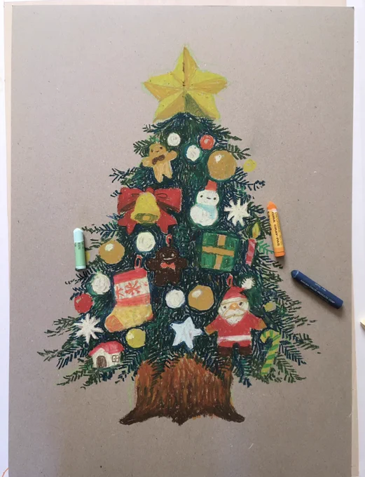 クリスマスやし、ここは落ち着いた感じの大人オシャレツリー絵でも描くか、と思って描き始めたが途中からこれも飾りたいしあれも、みたいになってきてしもてる。  